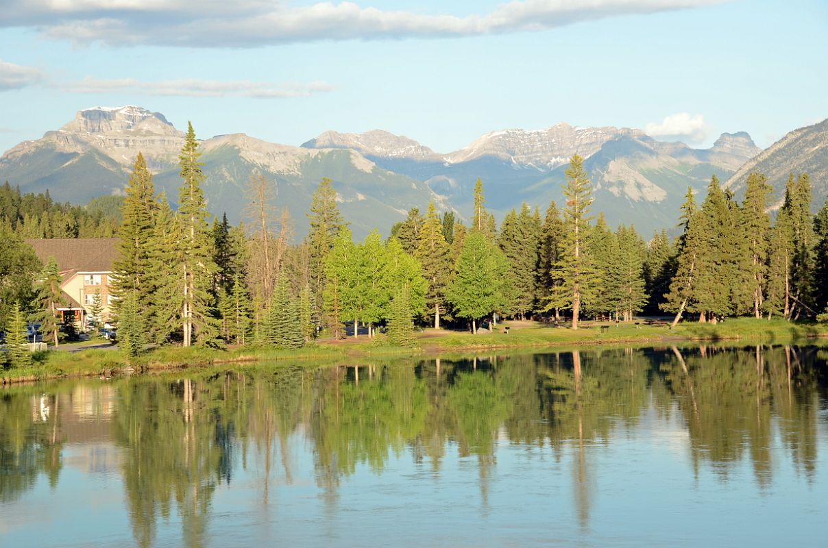 17 Bow River In The Early Morning With Mount Bourgeau, Mount Brett, Massive Mountain and Pilot Mountain Glow From Bow River Bridge In Banff In Summer